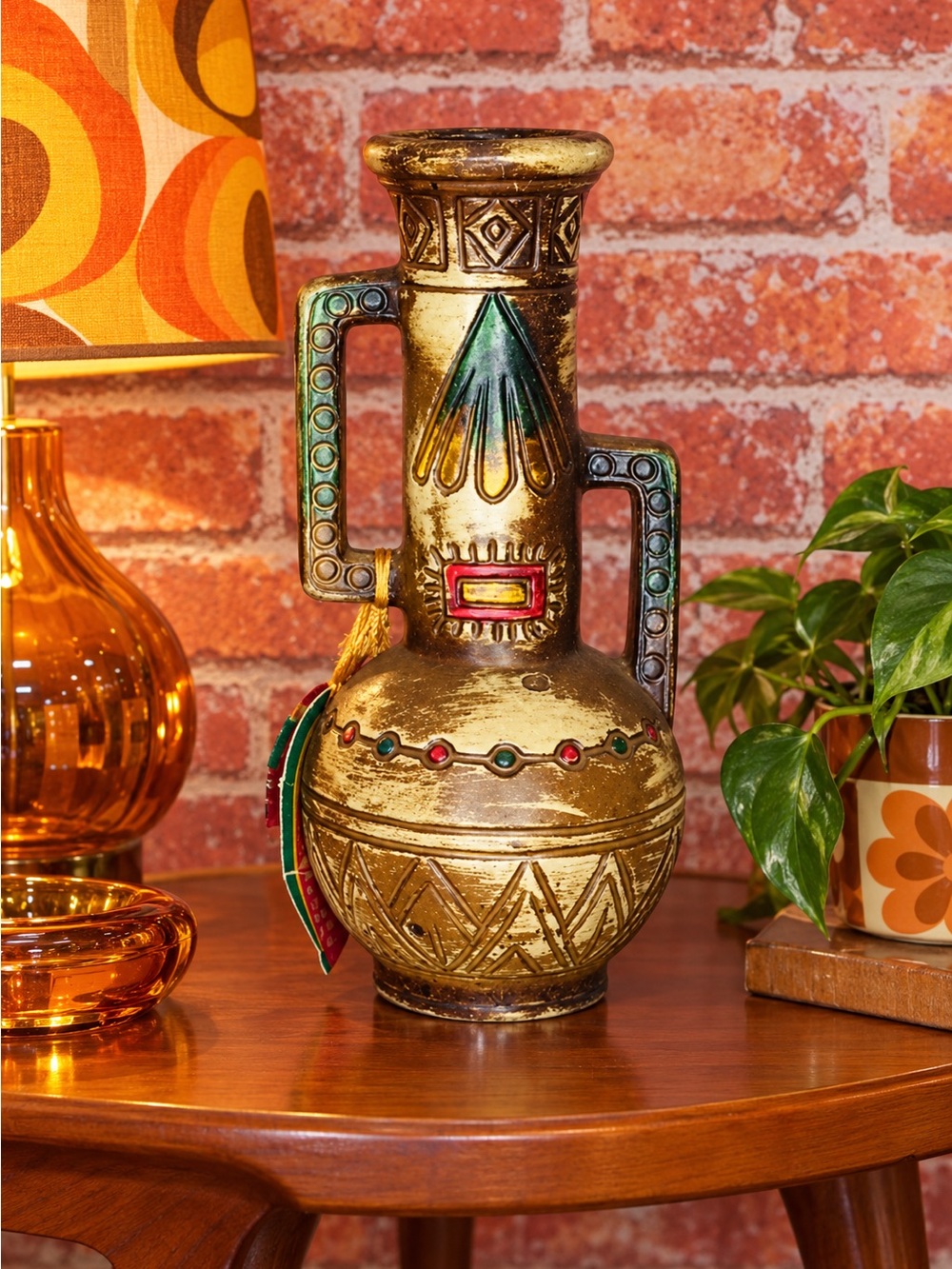 Vintage MCM Colorful Native American Indian Symbol Pottery Vase
